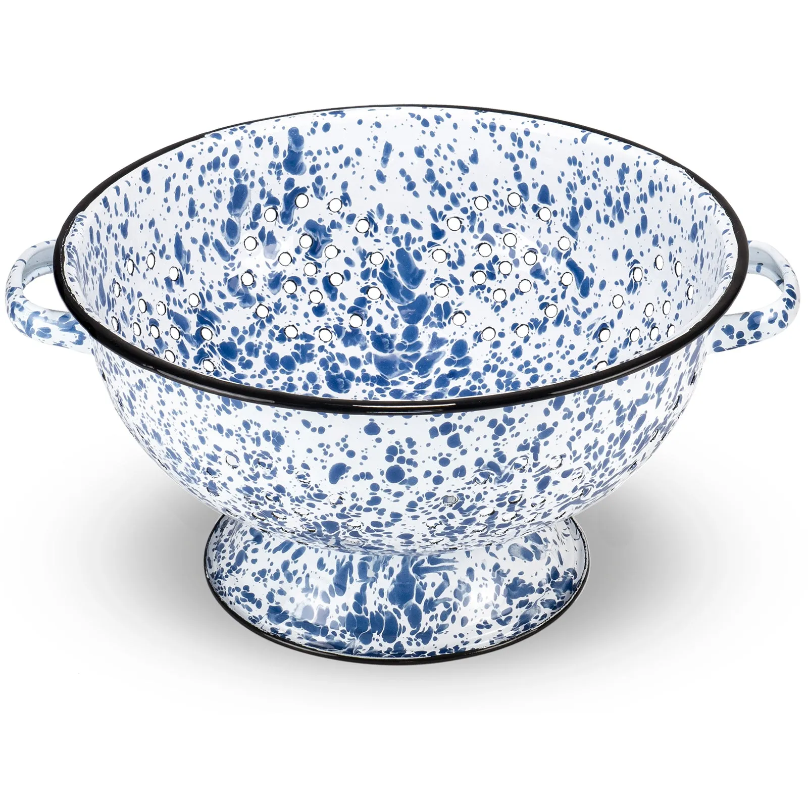 Red Co. Enamelware Metal Classic 10.5 Inch Round Food Strainer Colander with Two Handles, Navy Blue Marble/Black Rim – Splatter Design