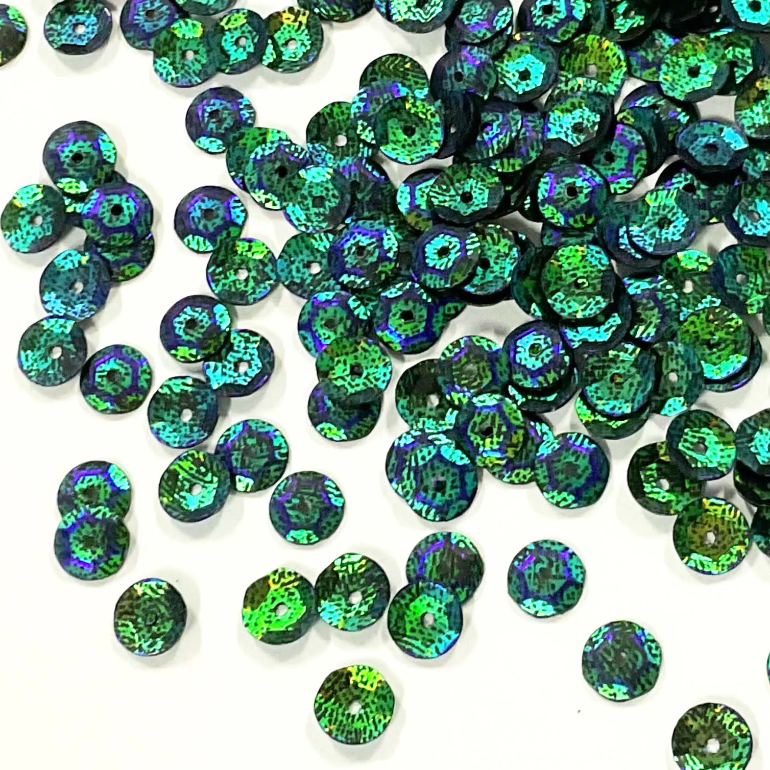 Sequins - Cup - Circle - 7mm - Textured Green with Green and Blue Lights (S121)