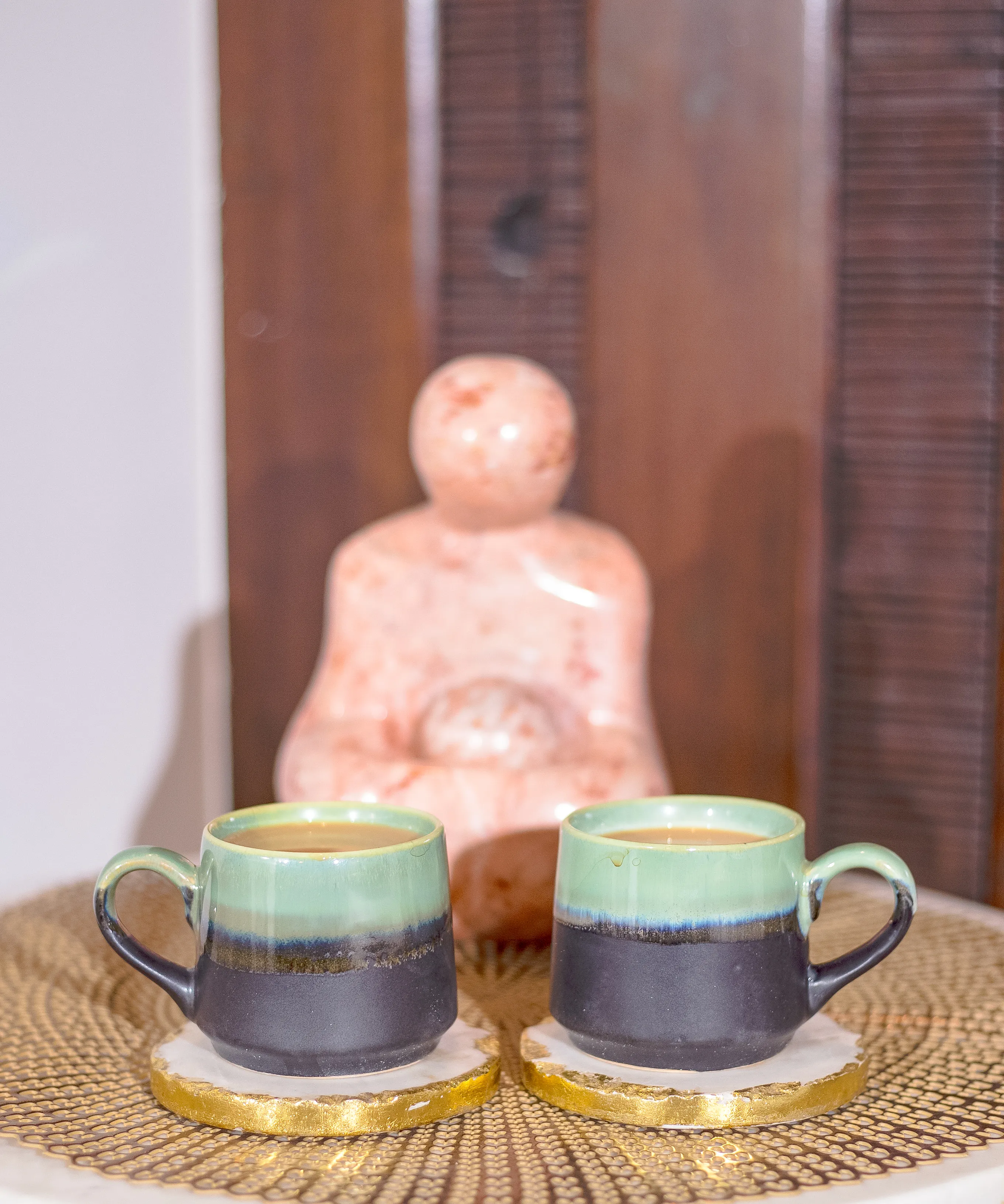 Studio Pottery Pista Green and Black Dual Glazed Cups - Set of 2