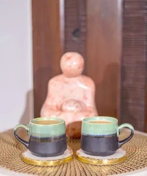 Studio Pottery Pista Green and Black Dual Glazed Cups - Set of 2