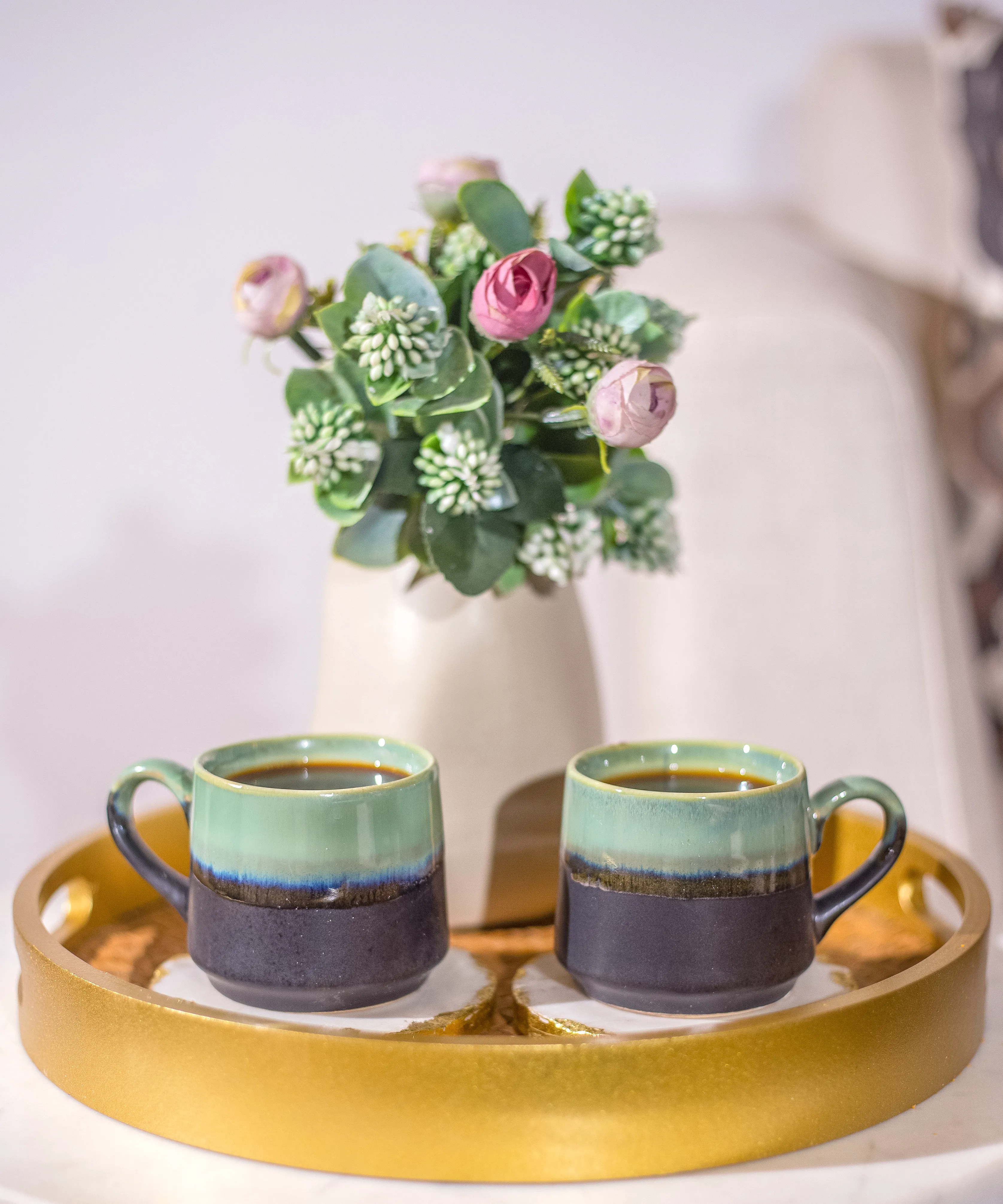 Studio Pottery Pista Green and Black Dual Glazed Cups - Set of 2