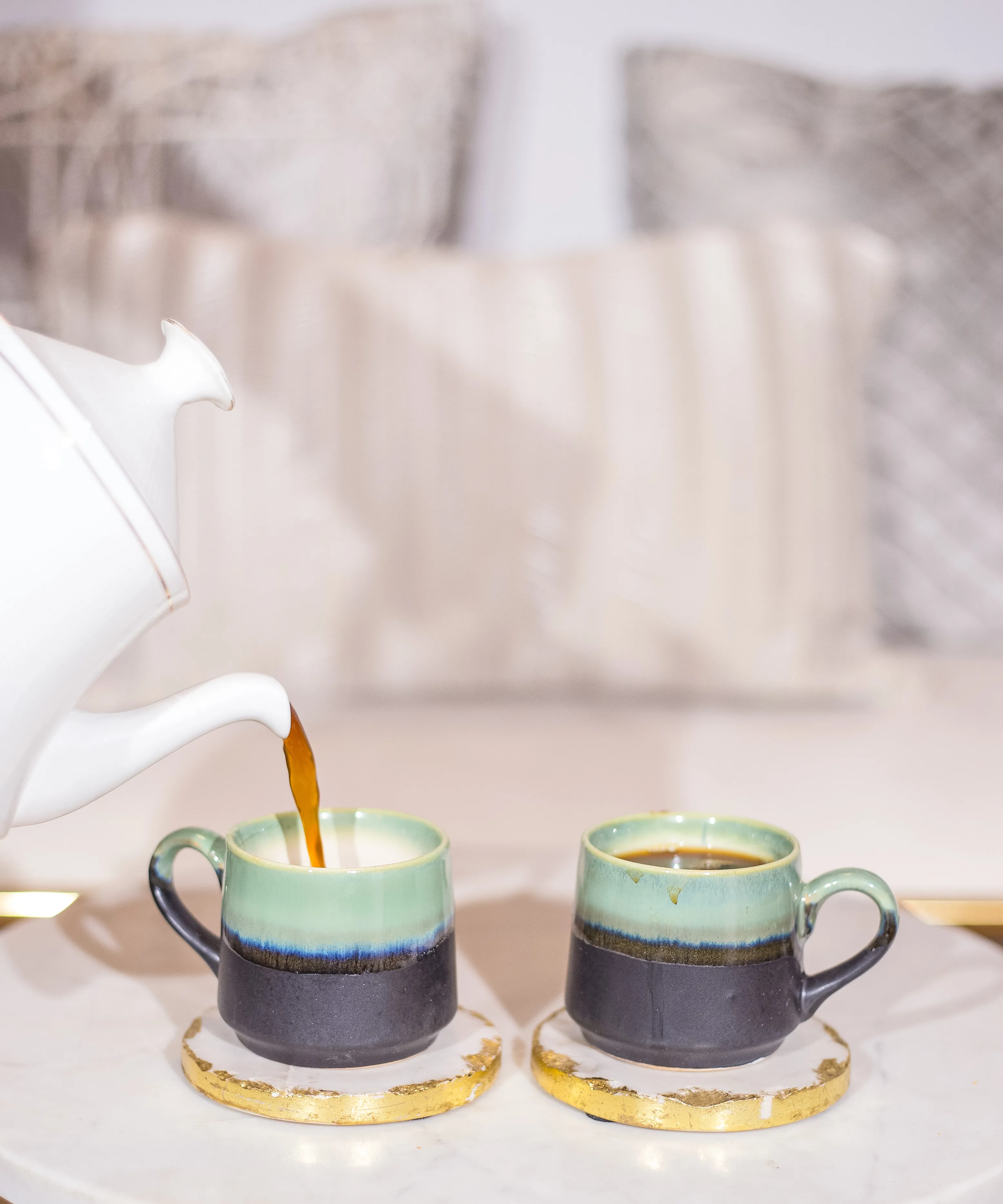 Studio Pottery Pista Green and Black Dual Glazed Cups - Set of 2