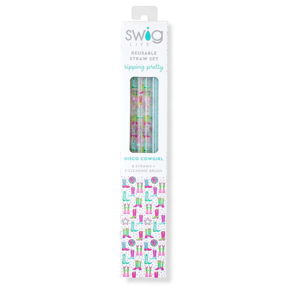 Swig | Disco Cowgirl   Aqua Glitter Reusable Straw Set
