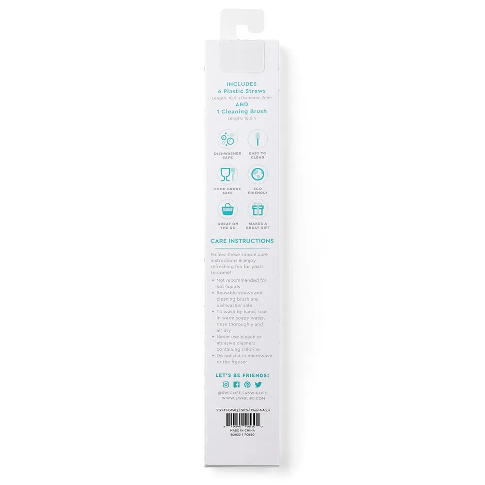 Swig Life Glitter Clear & Aqua Reusable Straw Set