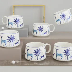 The Earth Store Stag Blue Ceramic Tea Cups Set of 6 Small Coffee Chai Serving Cups Micorwave Safe Ideal Gifts for Anniversary, Housewarming Parties