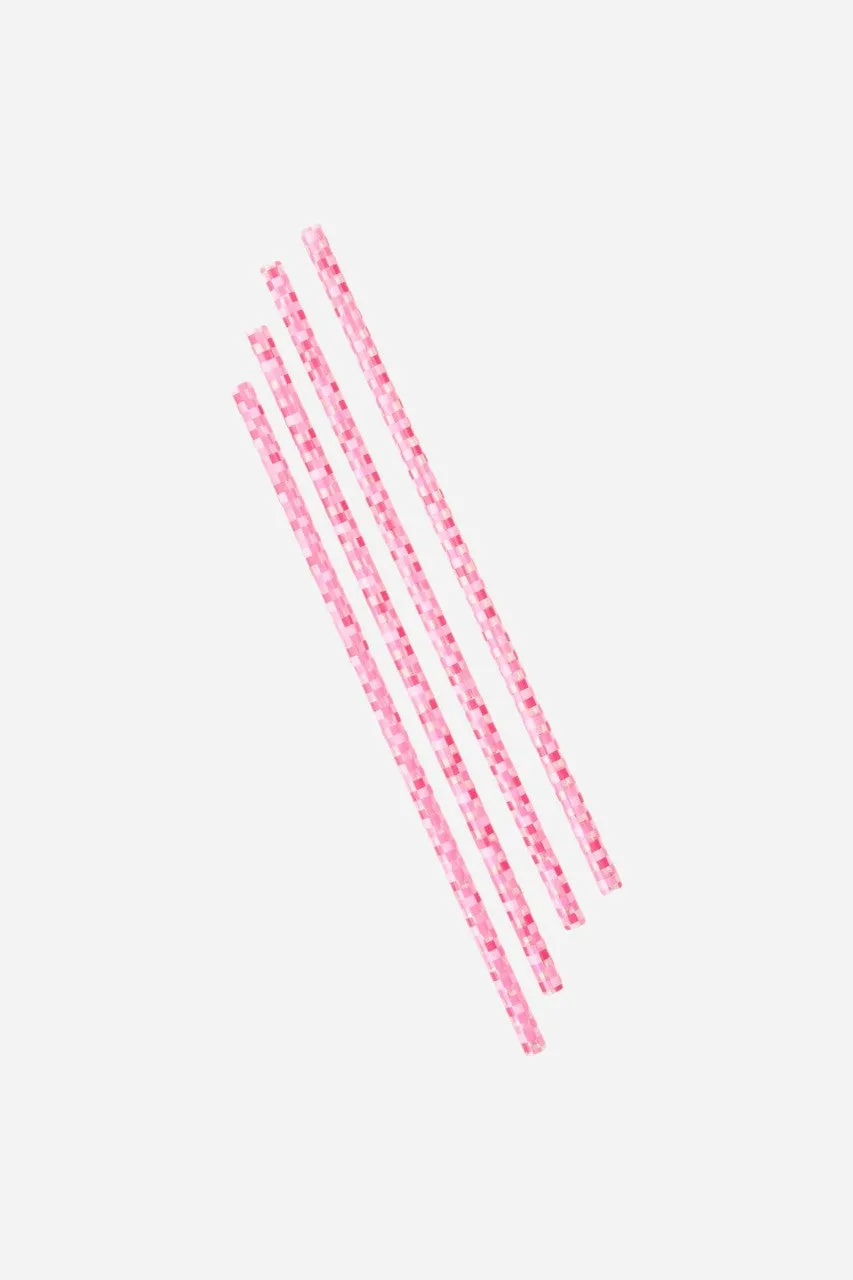 Tumbler Straw Set Check Hot Pink