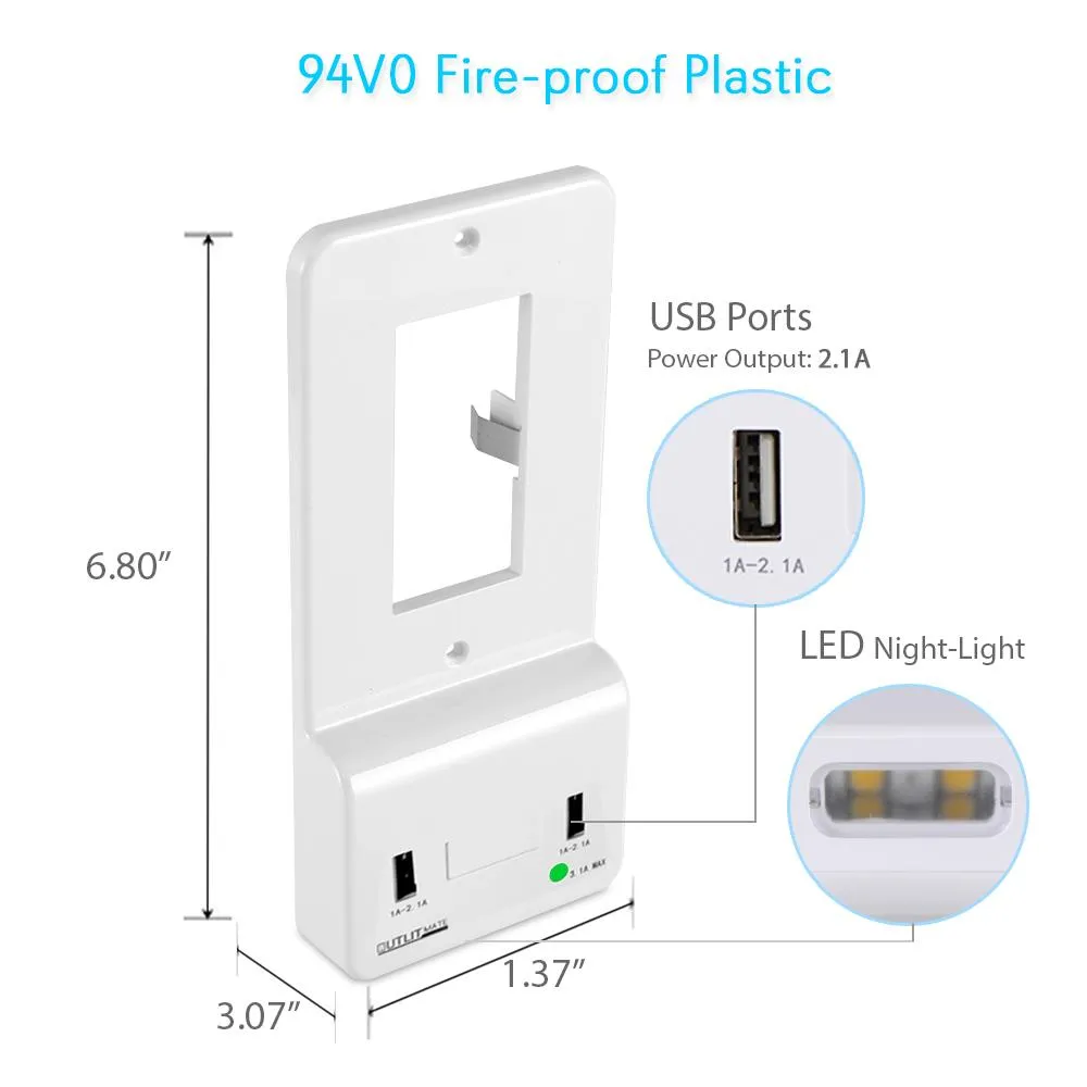 Usb Charge Wall Power Outlet Cover Plate, Snap-On Usb Charging With Built-In Night-Light